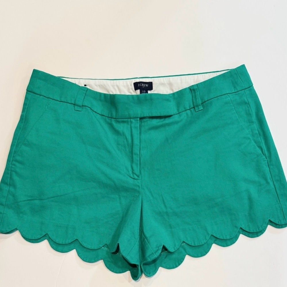 J Crew Scalloped Hem Shorts Green Cotton Preppy Summer Size 10